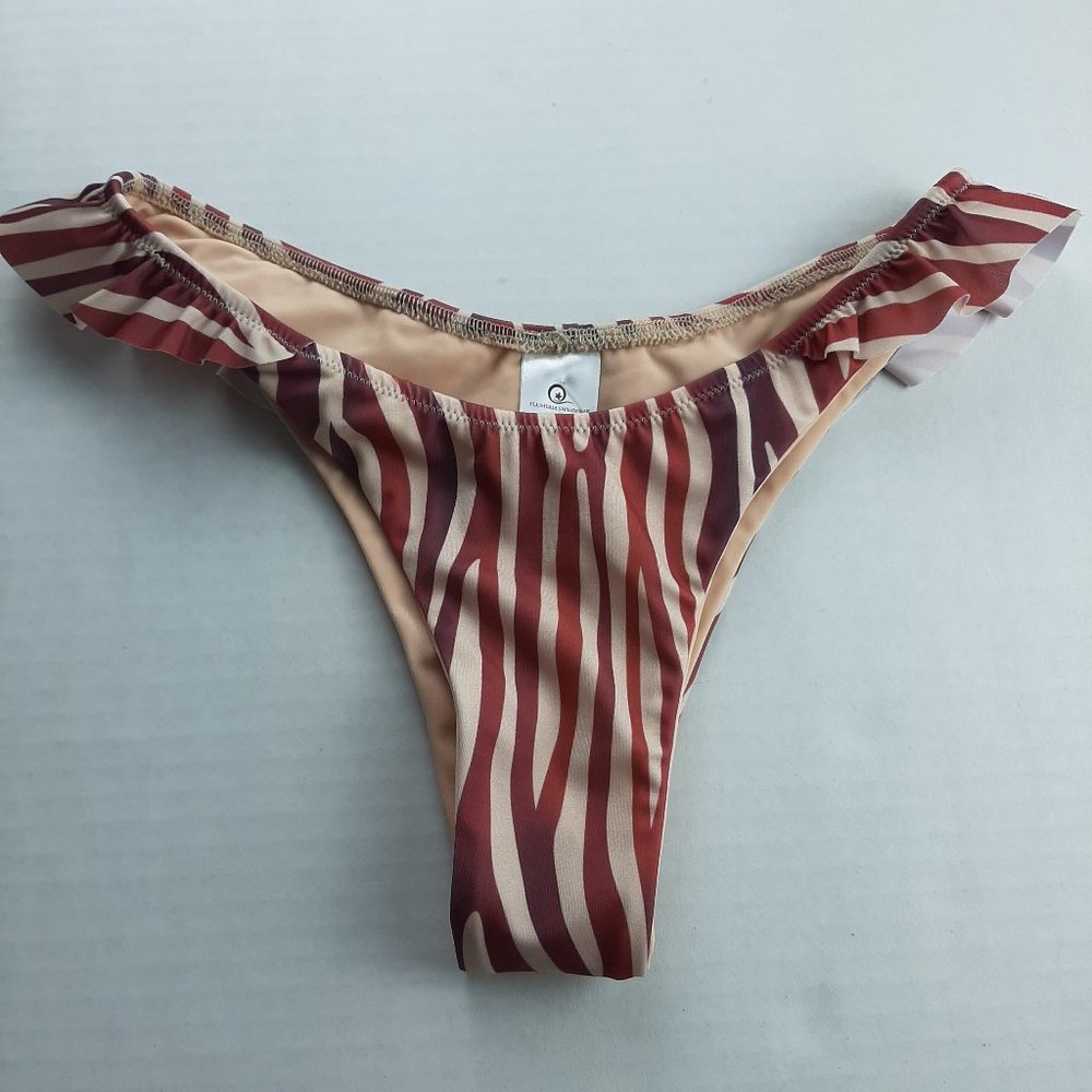 PLUMERIA SWIMWEAR Womens Bikini Bottom Size Small Beige Burgundy Stripes Ruffles